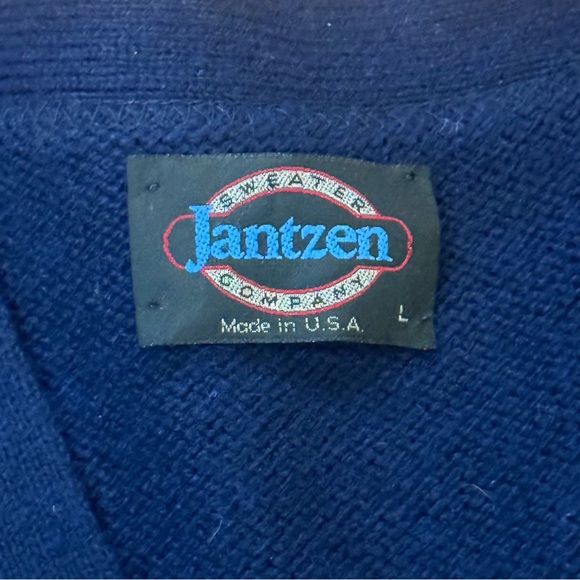 Vintage 80s Jantzen Wool Cardigan Sweater Men’s Large Navy Blue USA Rockabilly - Picture 2 of 8